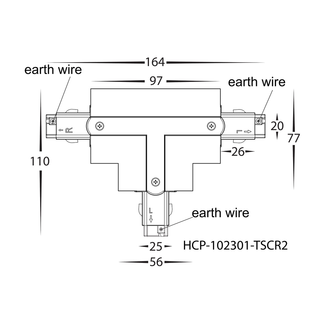 HCP-102301-TSC - Black Three Circuit Recessed Track T-Shape Connector