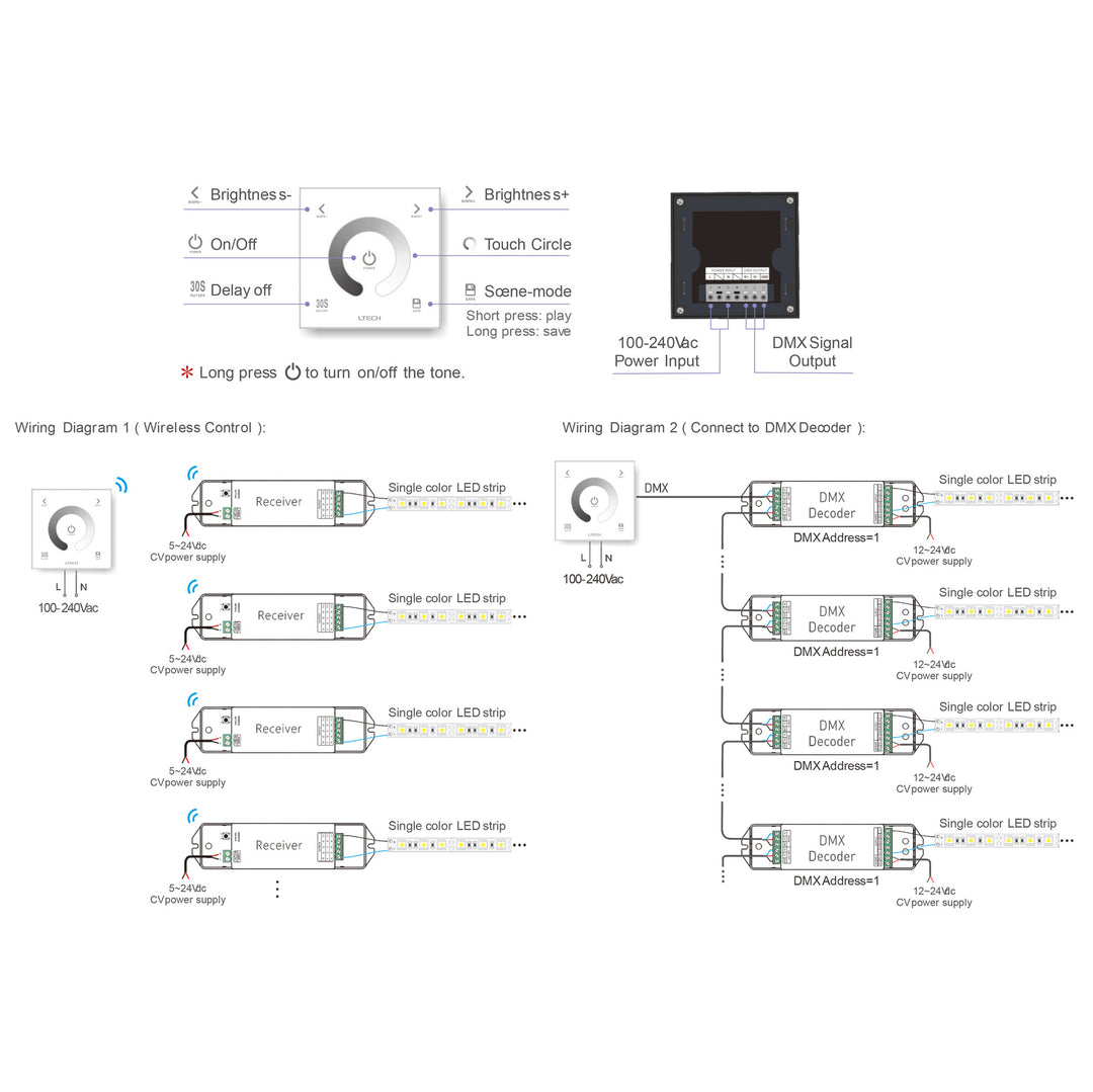 HCP-75212 - Single Colour 240v Touch Panel LED Strip Controller
